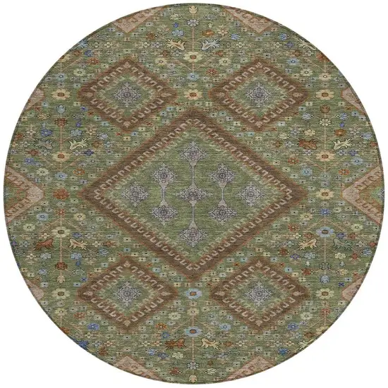 8' Olive Green And Chocolate Round Medallion Washable Indoor Outdoor Area Rug Photo 3