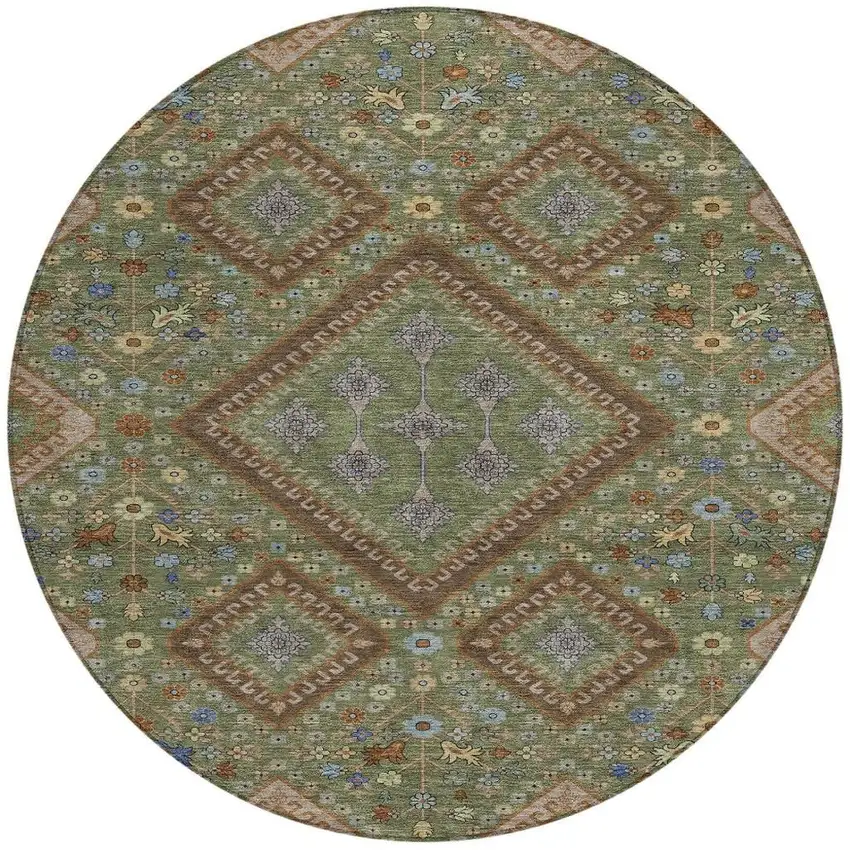 8' Olive Green And Chocolate Round Medallion Washable Indoor Outdoor Area Rug Photo 3