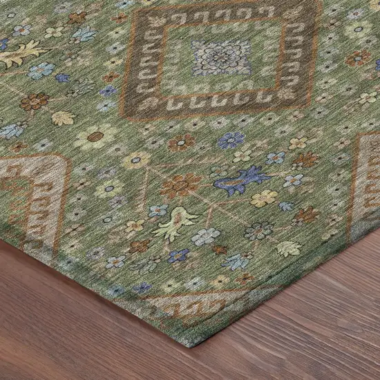 8' Olive Green And Chocolate Round Medallion Washable Indoor Outdoor Area Rug Photo 6