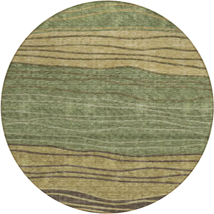 8' Olive Green And Chocolate Round Striped Washable Indoor Outdoor Area Rug Photo 1
