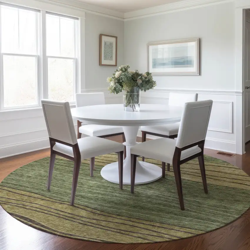 8' Olive Green And Chocolate Round Striped Washable Indoor Outdoor Area Rug Photo 7