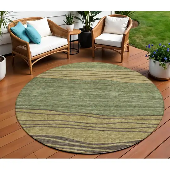 8' Olive Green And Chocolate Round Striped Washable Indoor Outdoor Area Rug Photo 1