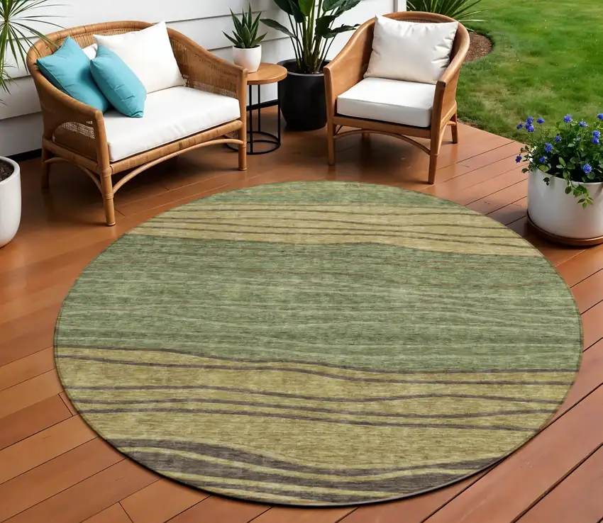 8' Olive Green And Chocolate Round Striped Washable Indoor Outdoor Area Rug Photo 1