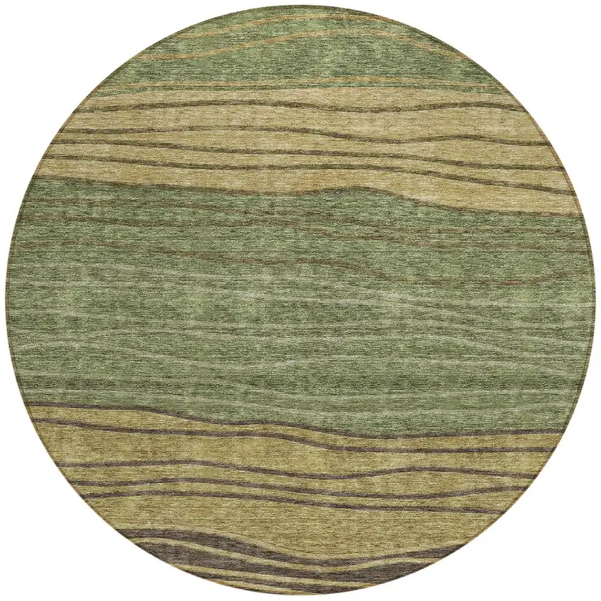 8' Olive Green And Chocolate Round Striped Washable Indoor Outdoor Area Rug Photo 5