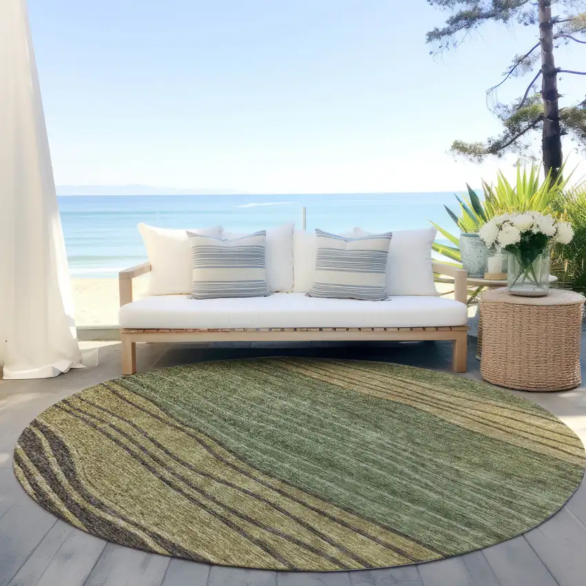 8' Olive Green And Chocolate Round Striped Washable Indoor Outdoor Area Rug Photo 6