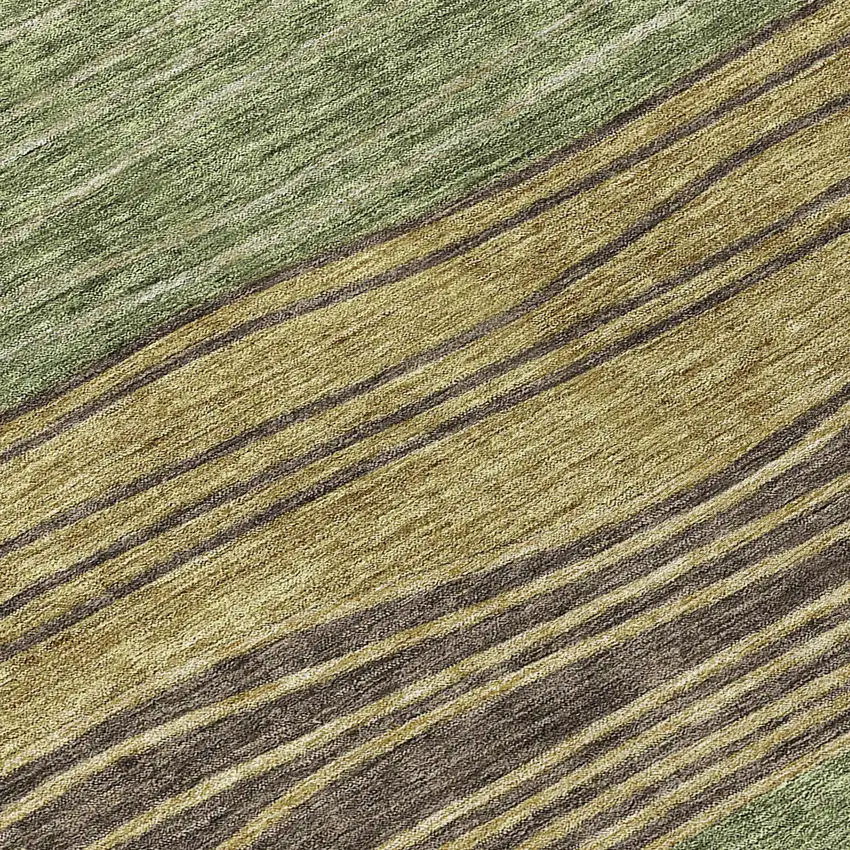 8' Olive Green And Chocolate Round Striped Washable Indoor Outdoor Area Rug Photo 9
