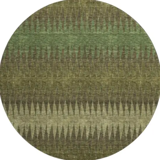 8' Olive Green And Chocolate Striped Washable Round Rug With UV Protection Photo 4