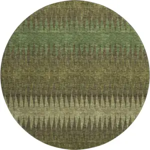 Photo of 8' Olive Green And Chocolate Striped Washable Round Rug With UV Protection