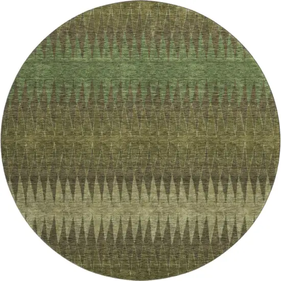 8' Olive Green And Chocolate Striped Washable Round Rug With UV Protection Photo 1