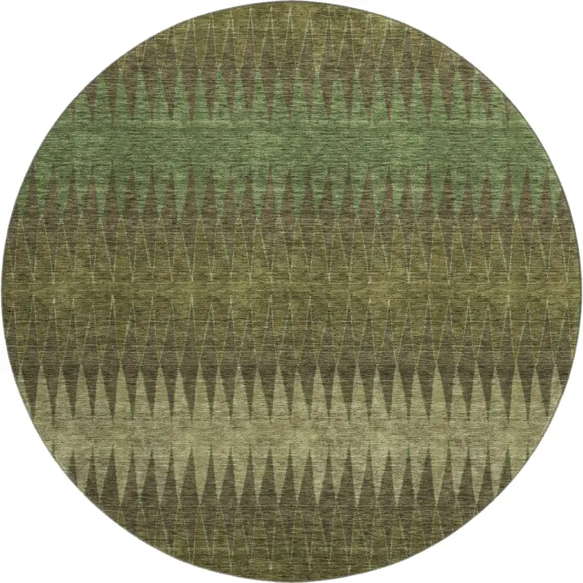 8' Olive Green And Chocolate Striped Washable Round Rug With UV Protection Photo 1