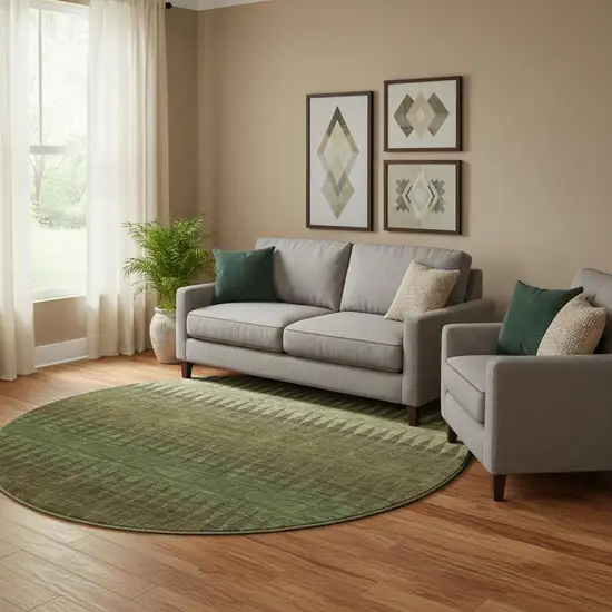 8' Olive Green And Chocolate Striped Washable Round Rug With UV Protection Photo 1