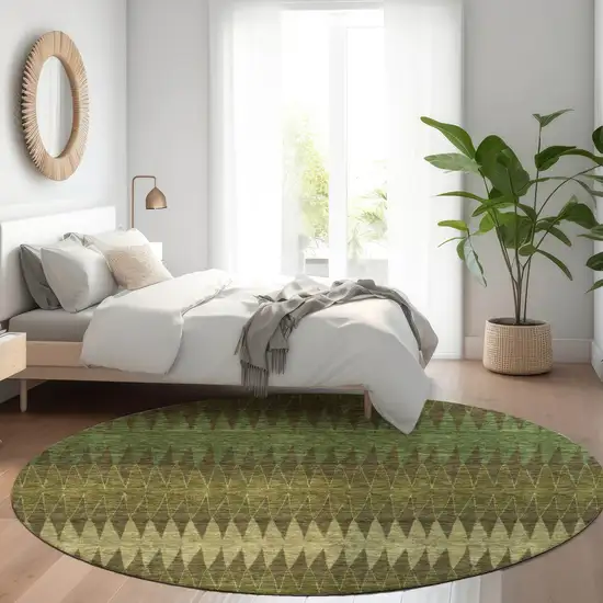 8' Olive Green And Chocolate Striped Washable Round Rug With UV Protection Photo 5