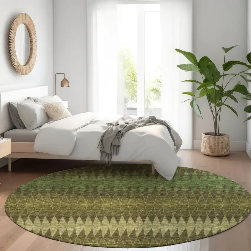 8' Olive Green And Chocolate Striped Washable Round Rug With UV Protection Photo 5