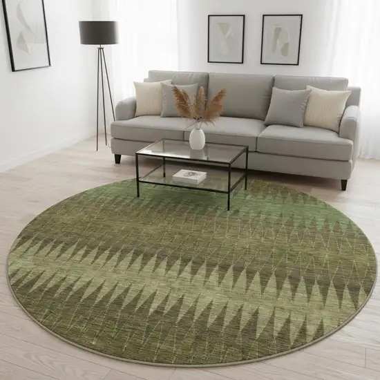 8' Olive Green And Chocolate Striped Washable Round Rug With UV Protection Photo 2