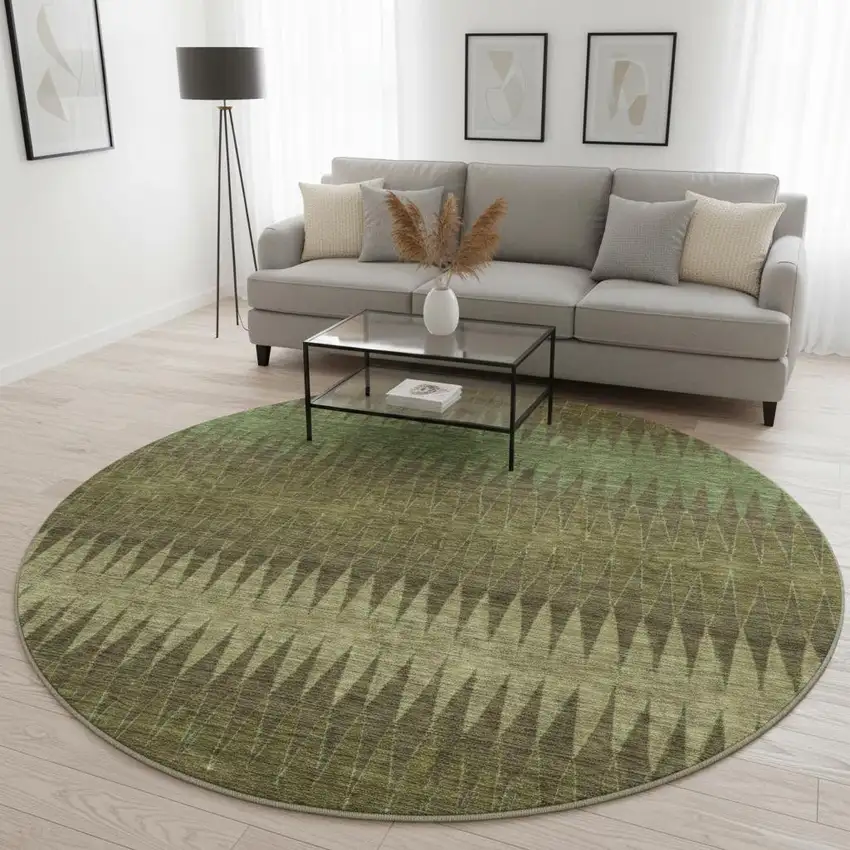 8' Olive Green And Chocolate Striped Washable Round Rug With UV Protection Photo 2