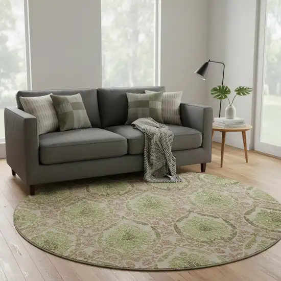 8' Olive Green And Copper Medallion Washable Round Rug With UV Protection Photo 2