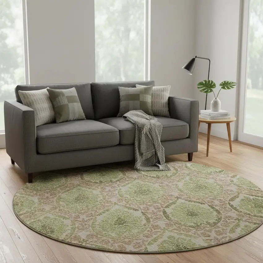 8' Olive Green And Copper Medallion Washable Round Rug With UV Protection Photo 2