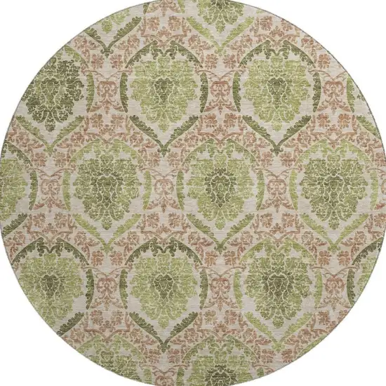 8' Olive Green And Copper Medallion Washable Round Rug With UV Protection Photo 4
