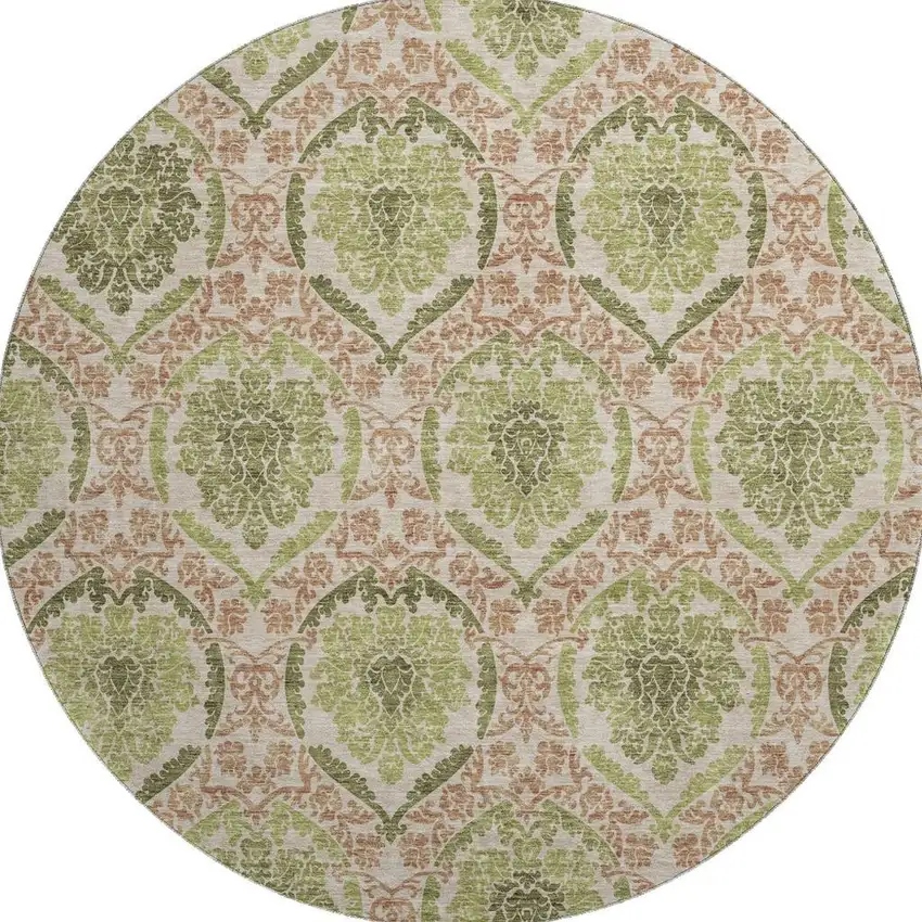 8' Olive Green And Copper Medallion Washable Round Rug With UV Protection Photo 4