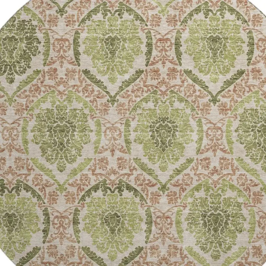 8' Olive Green And Copper Medallion Washable Round Rug With UV Protection Photo 3
