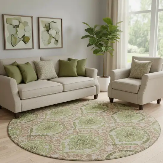 8' Olive Green And Copper Medallion Washable Round Rug With UV Protection Photo 1