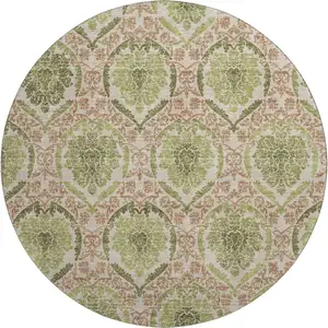 Photo of 8' Olive Green And Copper Medallion Washable Round Rug With UV Protection