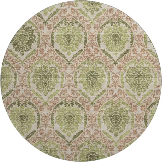 8' Olive Green And Copper Medallion Washable Round Rug With UV Protection Photo 1