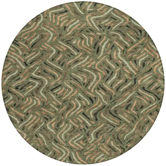 8' Olive Green And Copper Round Abstract Washable Indoor Outdoor Area Rug Photo 3