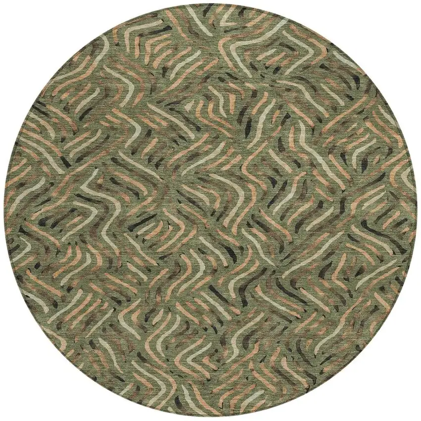 8' Olive Green And Copper Round Abstract Washable Indoor Outdoor Area Rug Photo 3