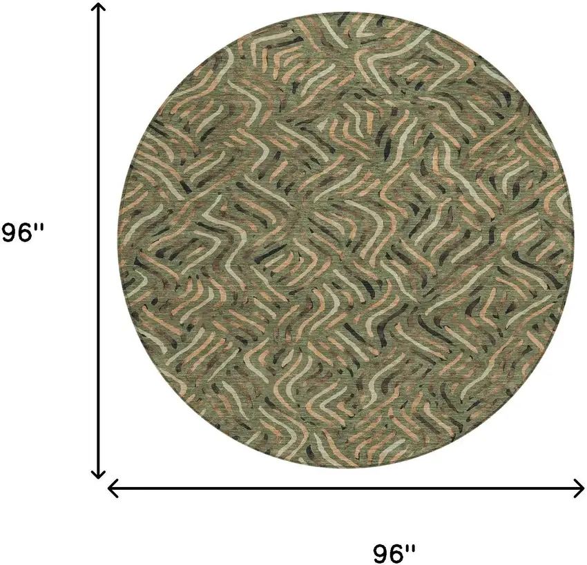 8' Olive Green And Copper Round Abstract Washable Indoor Outdoor Area Rug Photo 8