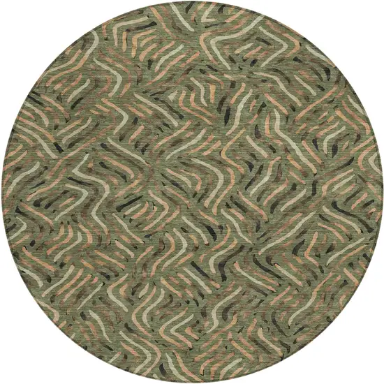 8' Olive Green And Copper Round Abstract Washable Indoor Outdoor Area Rug Photo 1