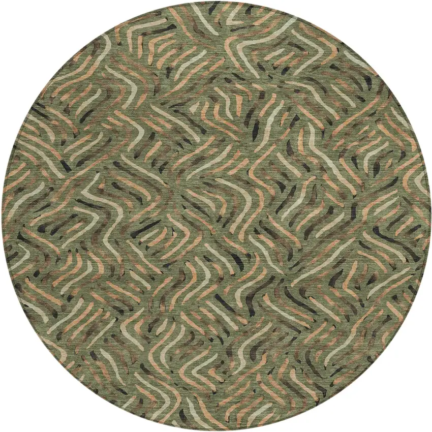 8' Olive Green And Copper Round Abstract Washable Indoor Outdoor Area Rug Photo 1