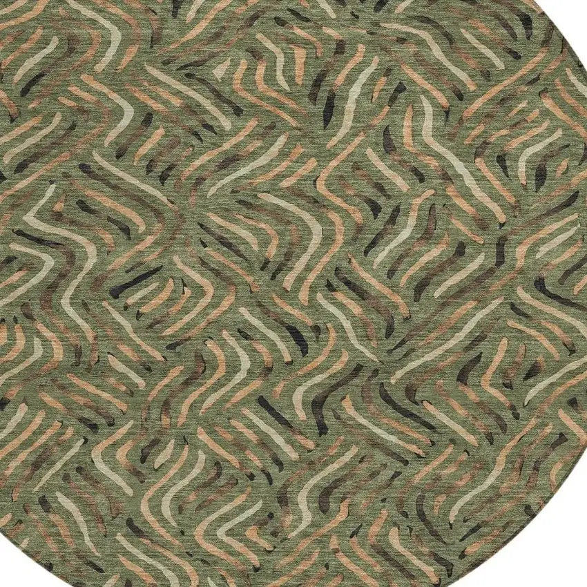 8' Olive Green And Copper Round Abstract Washable Indoor Outdoor Area Rug Photo 2