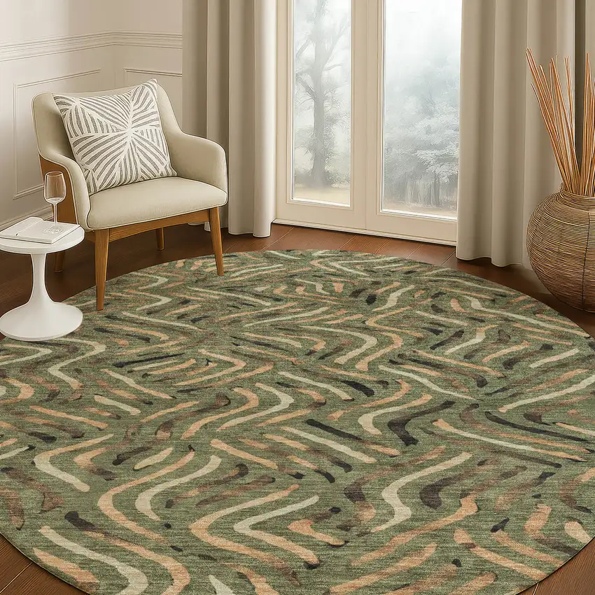 8' Olive Green And Copper Round Abstract Washable Indoor Outdoor Area Rug Photo 5