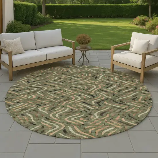 8' Olive Green And Copper Round Abstract Washable Indoor Outdoor Area Rug Photo 4