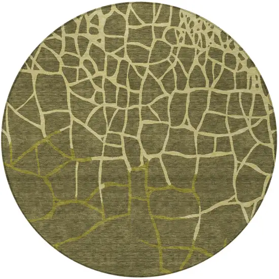 8' Olive Green And Dark Green Round Abstract Washable Indoor Outdoor Area Rug Photo 6