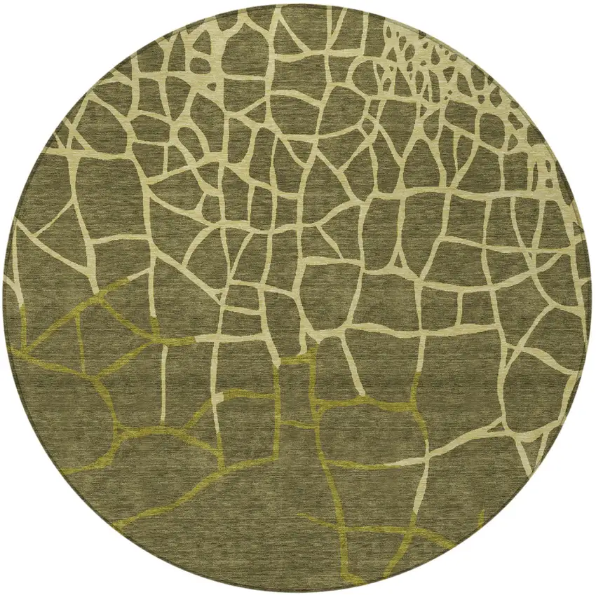 8' Olive Green And Dark Green Round Abstract Washable Indoor Outdoor Area Rug Photo 6