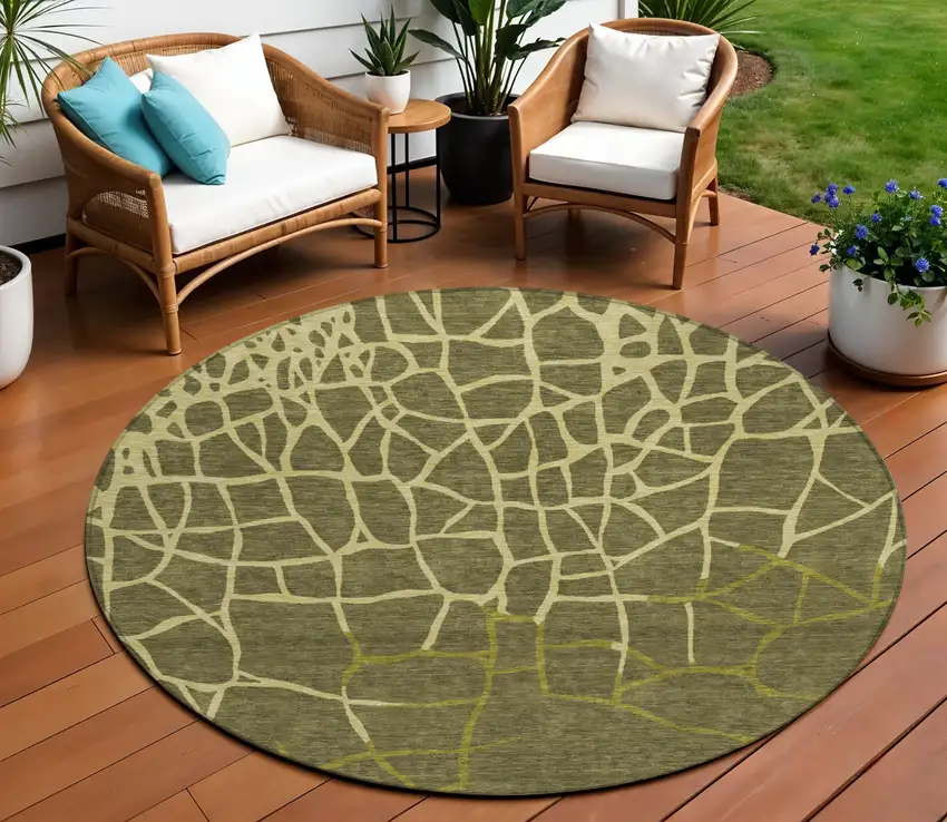8' Olive Green And Dark Green Round Abstract Washable Indoor Outdoor Area Rug Photo 1