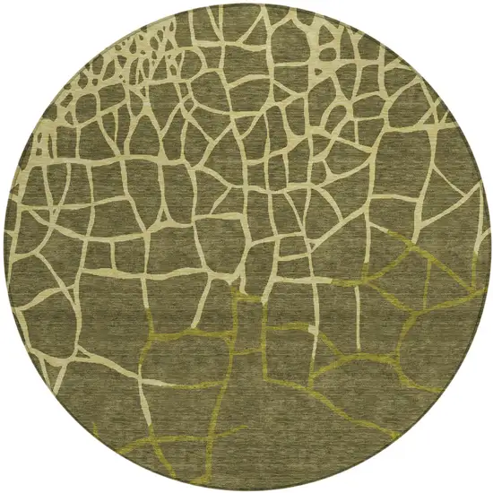 8' Olive Green And Dark Green Round Abstract Washable Indoor Outdoor Area Rug Photo 2