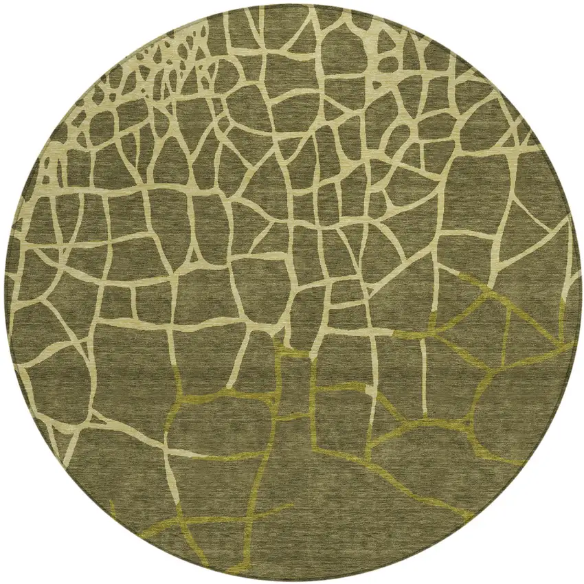 8' Olive Green And Dark Green Round Abstract Washable Indoor Outdoor Area Rug Photo 2