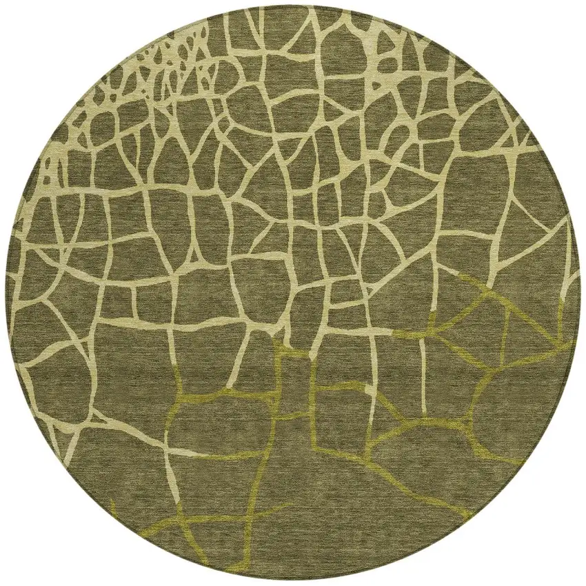 8' Olive Green And Dark Green Round Abstract Washable Indoor Outdoor Area Rug Photo 5