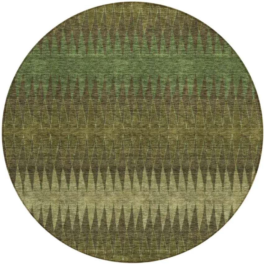 8' Olive Green And Dark Green Round Striped Washable Indoor Outdoor Area Rug Photo 2