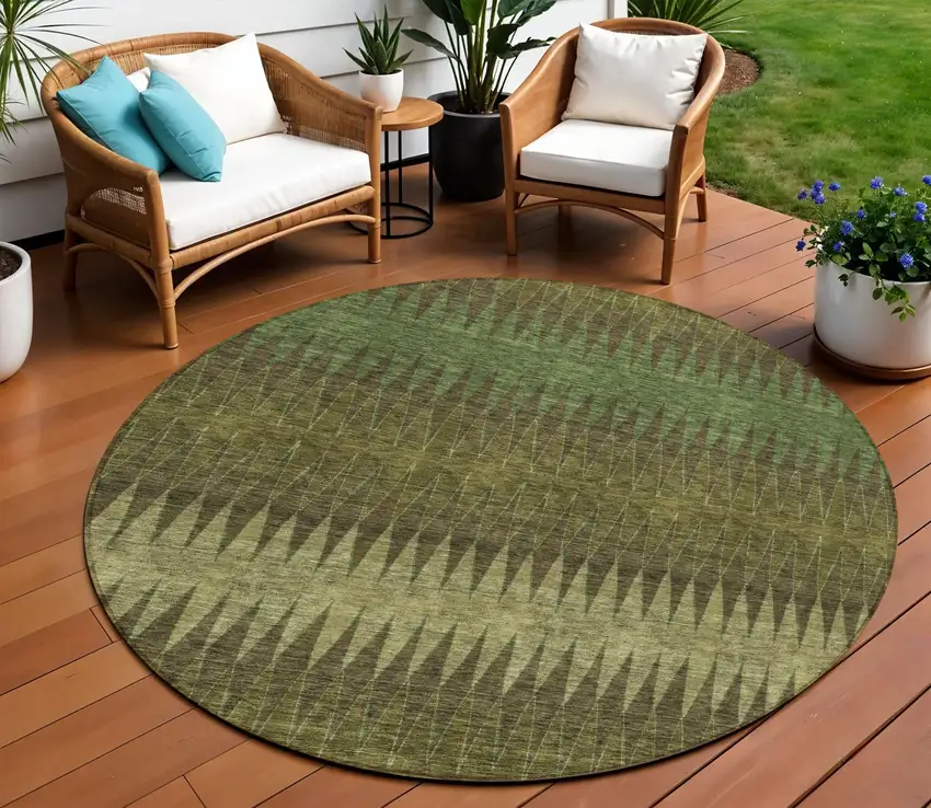 8' Olive Green And Dark Green Round Striped Washable Indoor Outdoor Area Rug Photo 1