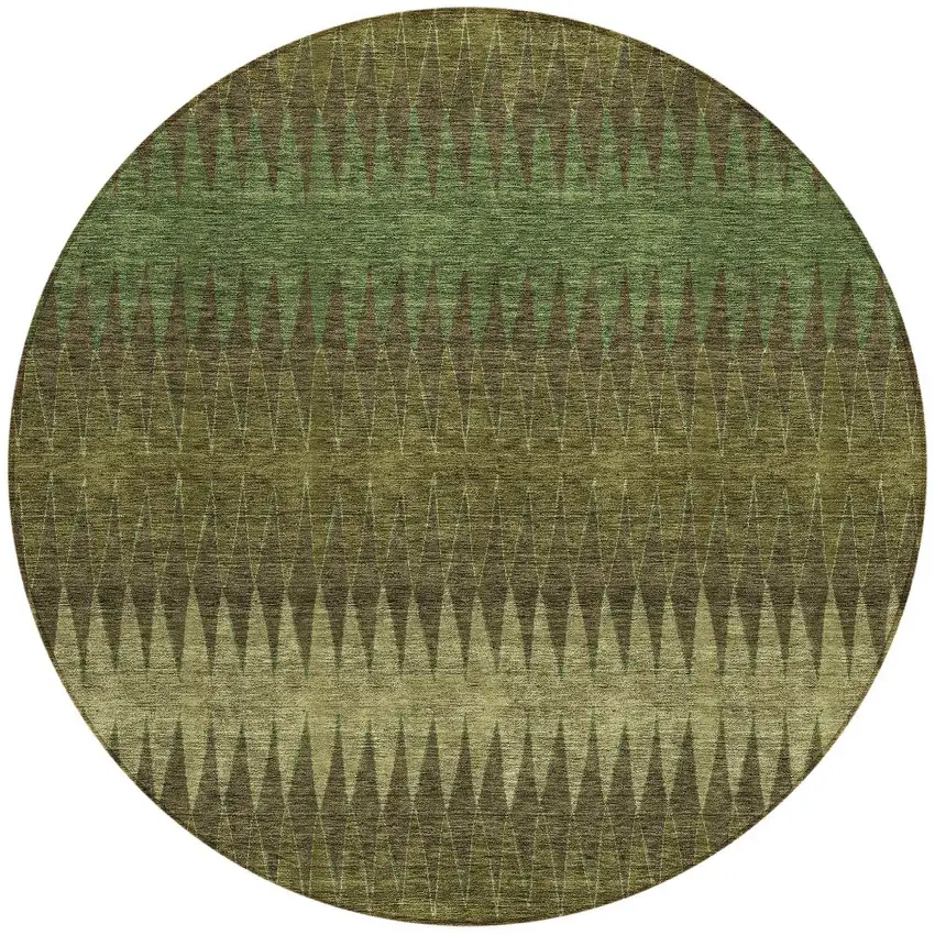 8' Olive Green And Dark Green Round Striped Washable Indoor Outdoor Area Rug Photo 5
