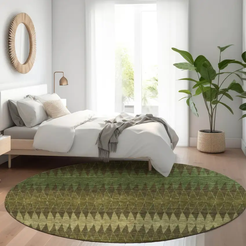 8' Olive Green And Dark Green Round Striped Washable Indoor Outdoor Area Rug Photo 7