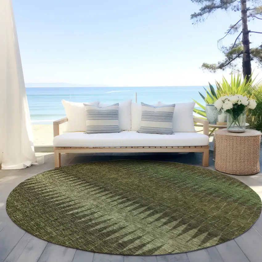 8' Olive Green And Dark Green Round Striped Washable Indoor Outdoor Area Rug Photo 6