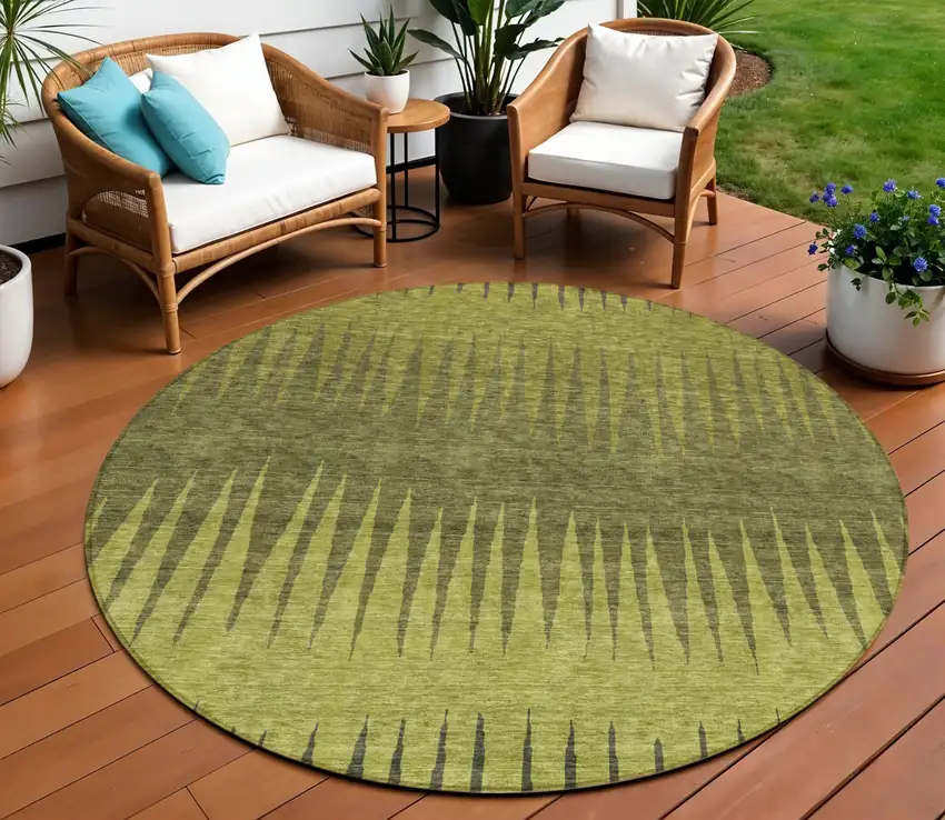 8' Olive Green And Dark Green Round Striped Washable Indoor Outdoor Area Rug Photo 1