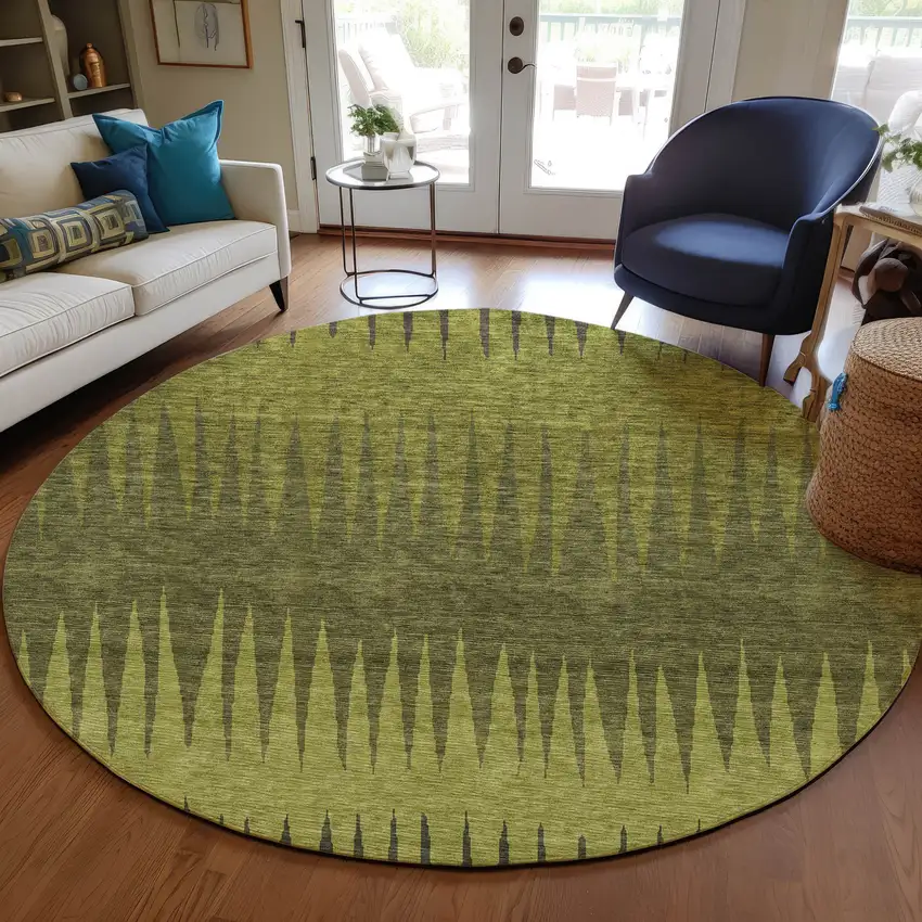 8' Olive Green And Dark Green Round Striped Washable Indoor Outdoor Area Rug Photo 7