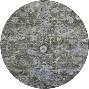 Photo of 8' Olive Green And Denim Blue Round Floral Washable Indoor Outdoor Area Rug