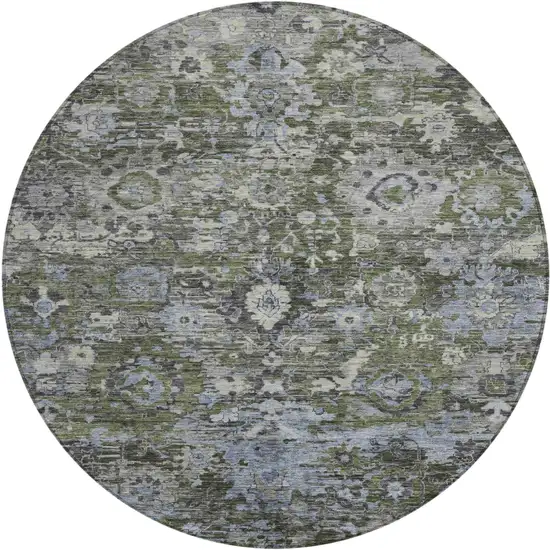 8' Olive Green And Denim Blue Round Floral Washable Indoor Outdoor Area Rug Photo 1